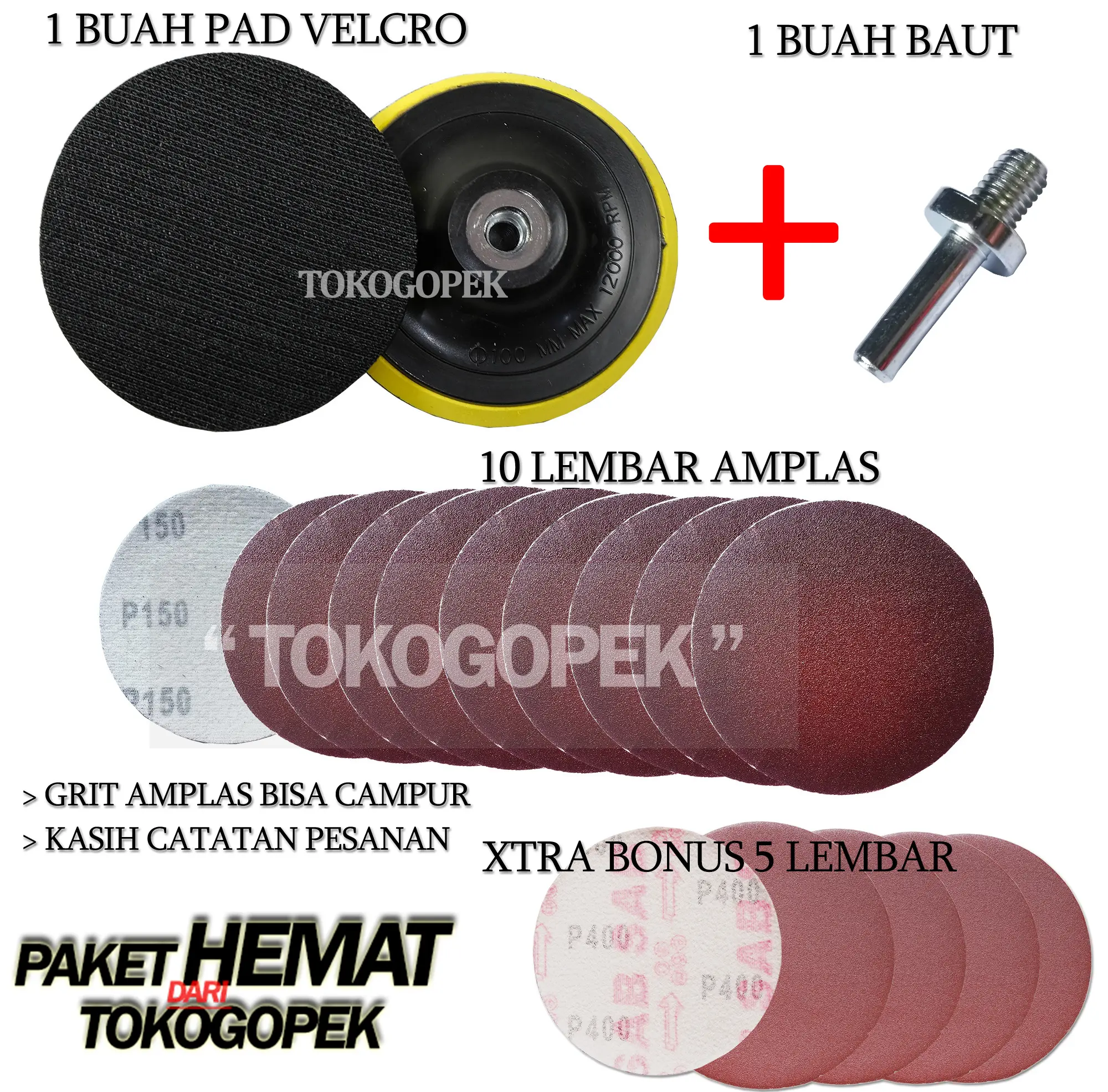 PAKET 15PCS - TATAKAN AMPLAS 4" + AMPLAS BULAT 4" + BAUT KONEKTOR M10