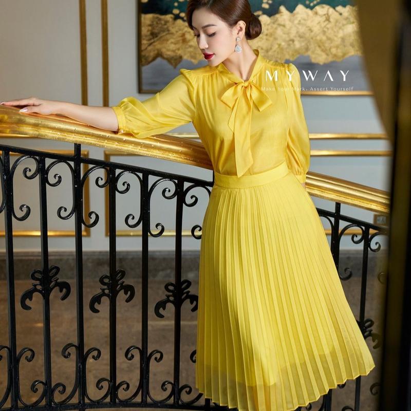  Áo Sơ Mi Tay Lỡ Cổ Nơ Mix Chân Váy Xếp Ly Tơ Cao Cấp MY WAY 6MAB06125W - 6MCXB283W 