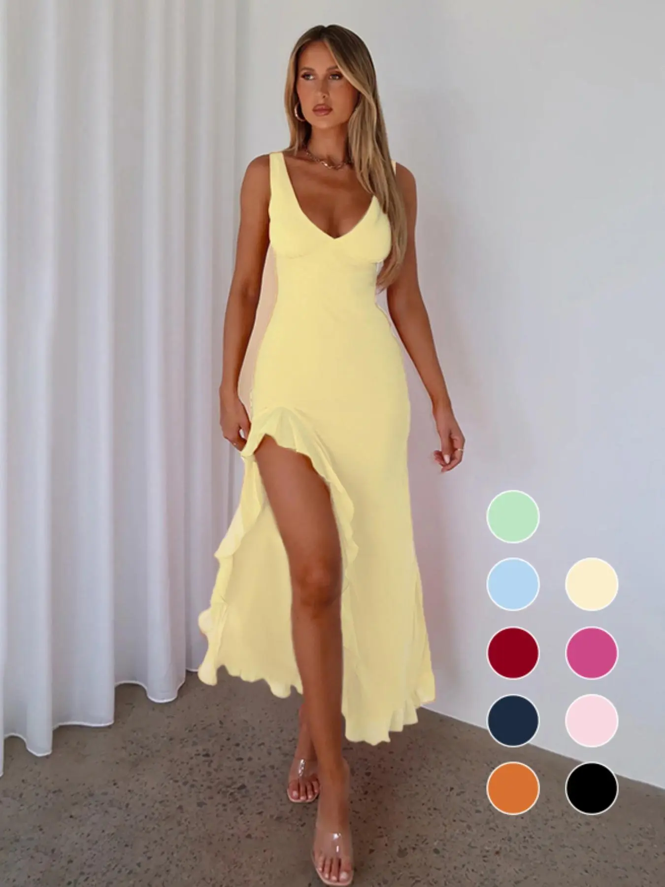 Women's Plain Ruffle Split Thigh Tank Dress, Solid Deep V Neck Backless Long Dress for Party Club Dating Wear, Beautiful Gowns, Ladies Summer Clothes