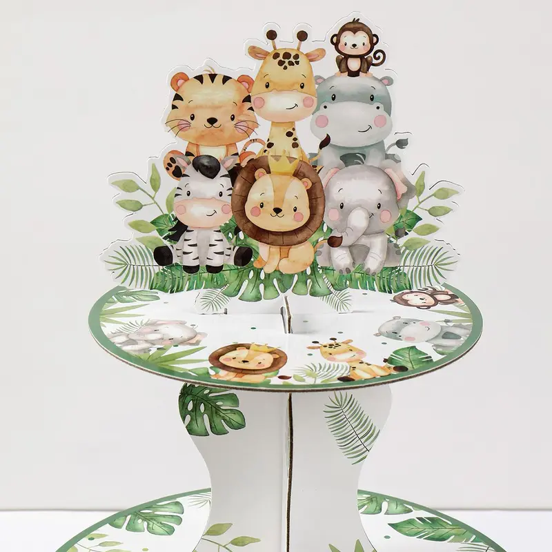 Cartoon Jungle Animal & Plant Pattern Cake Stand, 1 Count Round Cake Display Stand, Cake Decorating Supplies for Home Party Wedding 5