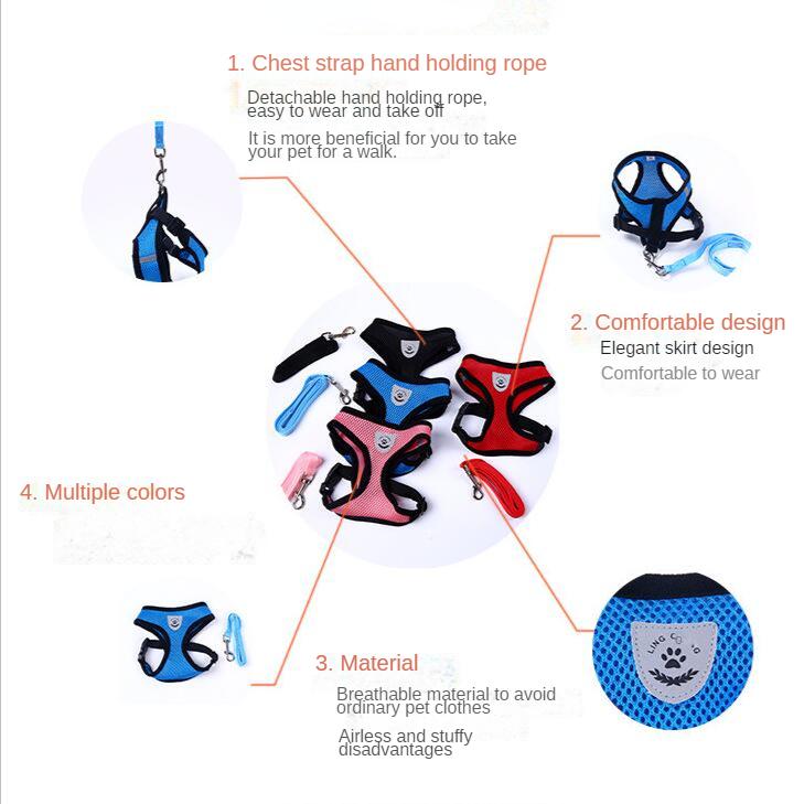Product Introduction of Pet Cat Harness Adjustable Mesh Vest Walking Lead Leash Puppy Polyester Mesh Breathable Kitten Accessories for Small Medium Dog 6