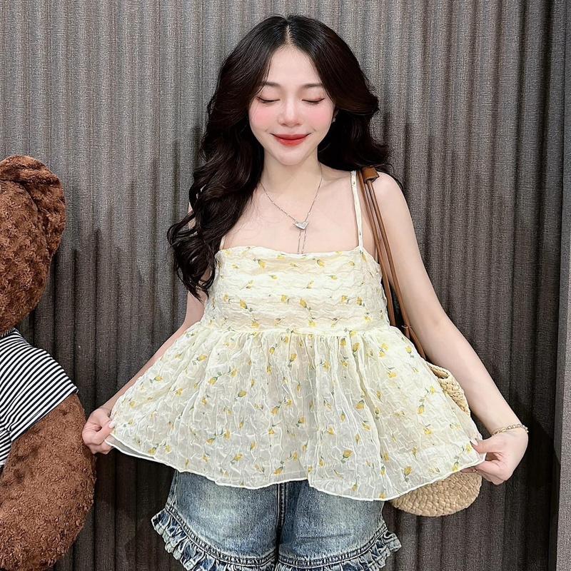 áo hai dây peplum xoè hoạ tiết hoa nhỏ phom hàn Women Voan Top