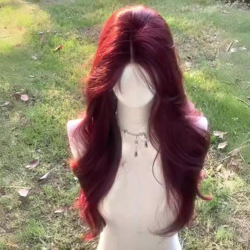 2024 Raspberry Red Wig Women's Long Hair Mid-Length Eight-Character Bangs Big Wave Long Curly Hair Natural Imitation Full Human Hair Full-Head Wig 1