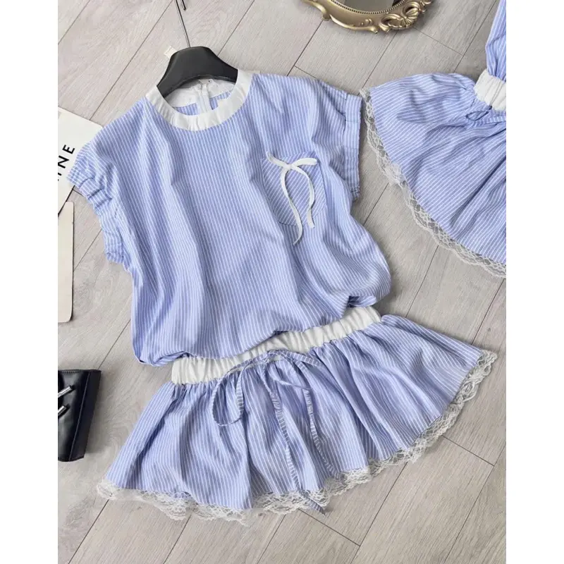 Set Jump CaZi kẻ xanh thêu chữ tay chun chân váy bèo phối ren có quần bảo hộ HB552 3