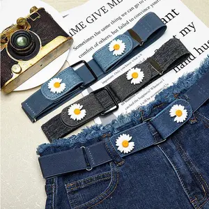 F6092 Tali Pinggang Wanita / Belt Elastis Karet Klip / Tali Pinggang Double Flower Daisy / Belt Motif Bunga Korea Fashion Kanvas Aksesoris