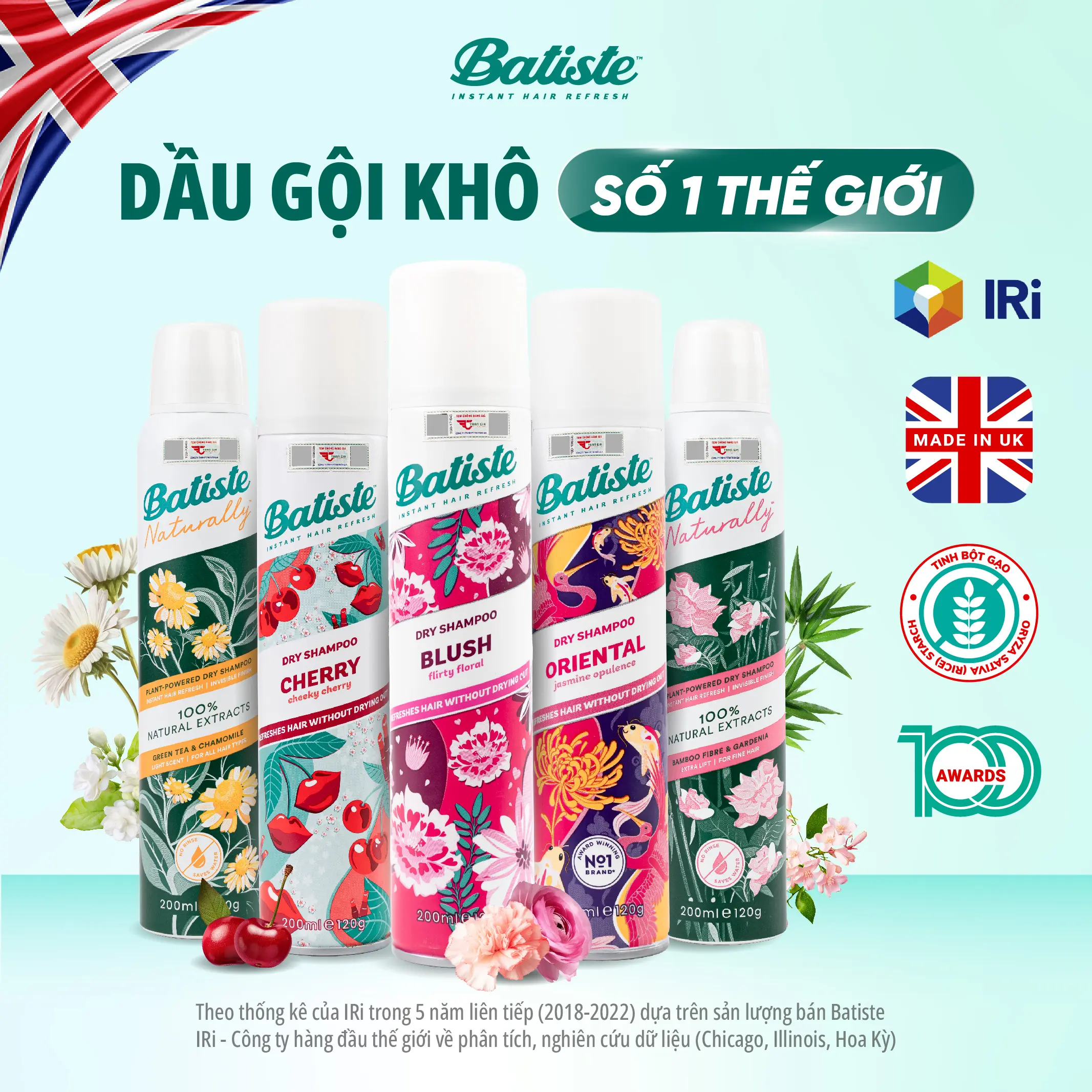 Dầu Gội Khô Batiste Hương Thơm Tự Nhiên Hỗ Trợ Giúp Tóc Bồng Bềnh Không Bết Dính - Batiste Dry Shampoo 200ml