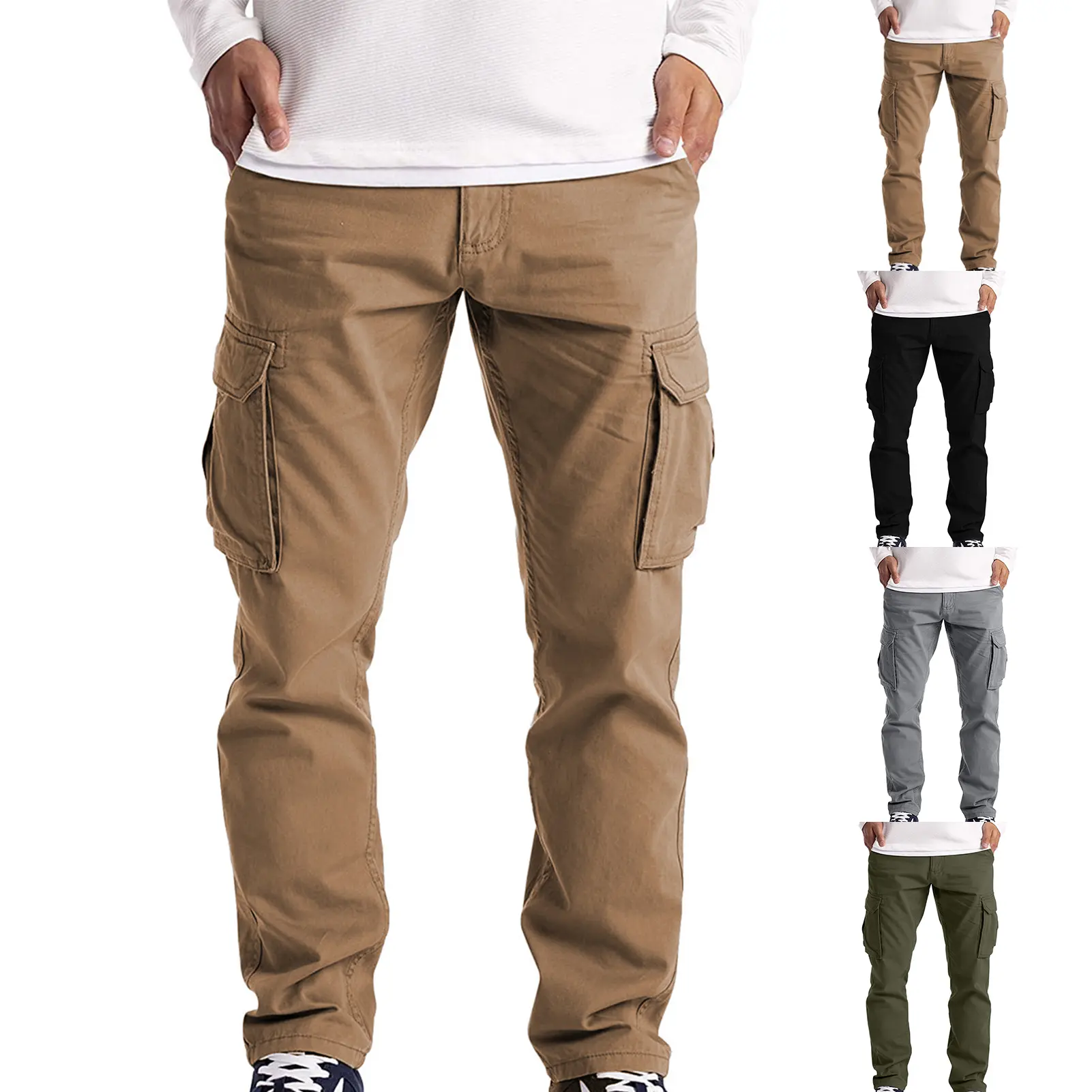 Voidistar-Cargo Pants Solid Color Multi Pockets Men Mid Waist Straight Sweatpants for Working