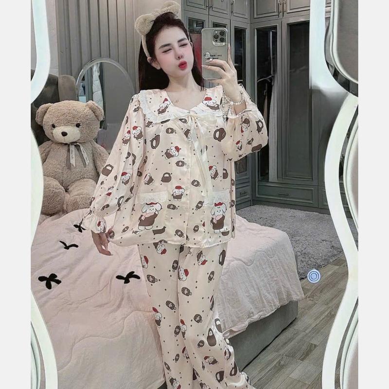 Size 40-60kg- Bộ Lụa Latin Tơ Tằm Cao Cấp Cổ Bèo 2 Túi Áo In Full Họa Tiết 5D Queen Tay Dài Quần Dài TDQD Mềm Mát Mặc Nhà Cao Cấp Áo Ngủ Quần Ngủ Nữ Women Voi Kem Cạp Cao Top