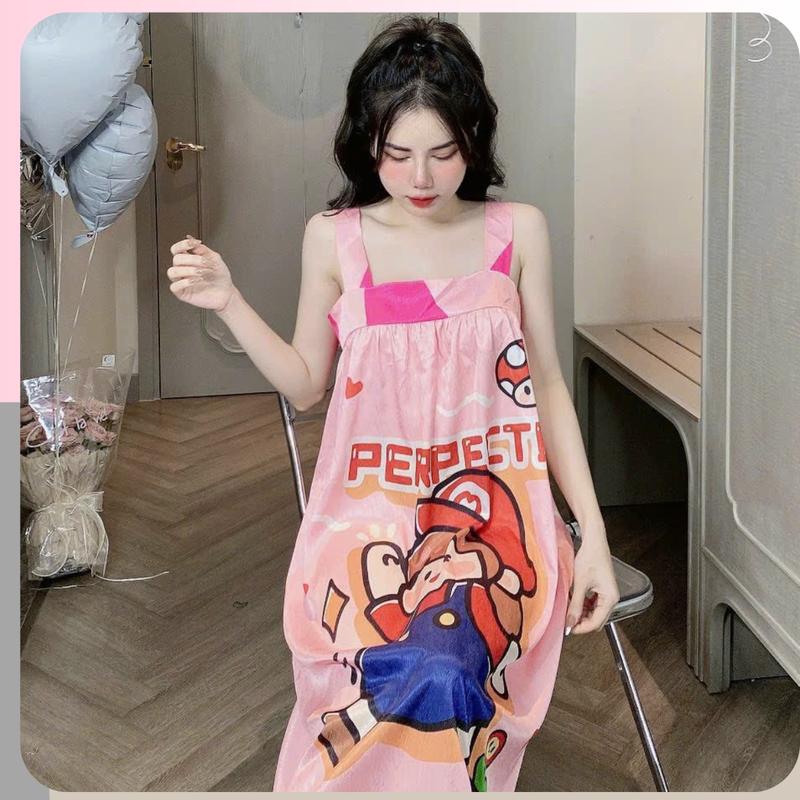 Váy 2 dây bản to dáng dài đầm ngủ mặc nhà dễ thương in 5D chất lụa xước mềm nhẹ mát phom từ 40-65kg Nữ Váy Ngủ Women Dress
