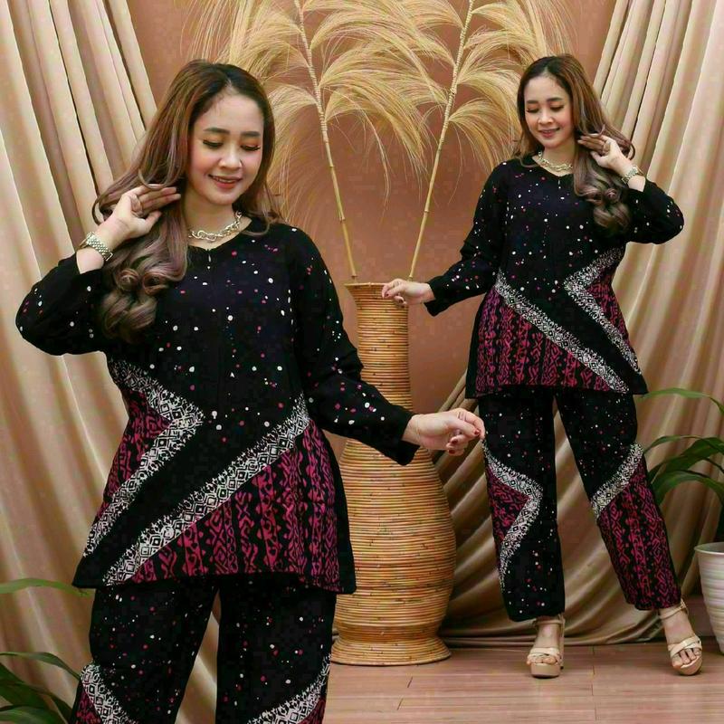 piyama baju tidur wanita dewasa setelan celana panjang busui rayon nyaman tebal lembut santai busui abstrak kekinian Motif Pendek 2