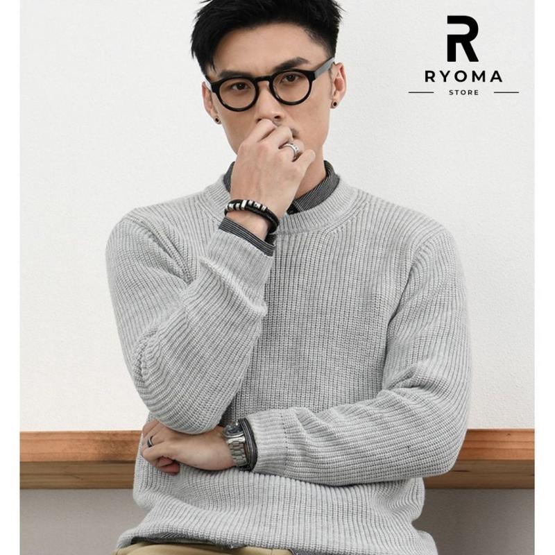 Álen cổ tròn nam nữ, álen RYOMA, chất len lông cừu hạt gạ, dày dặn, ấm áp, form dáng Hàn Áo Menswear Đen 3