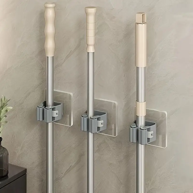 Wall Mounted Mop & Broom Holder, 6pcs Punch Free Self Adhesive Mop & Broom Storage Hook, Home Organizer for Bathroom Kitchen