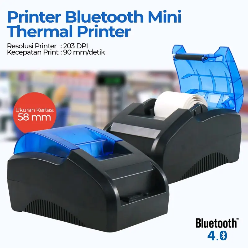 mini printer thermal bluetooth 58 mm portable rechargeable printer struk nota kasir mini market restoran kafe swalayan printer thermal POS PPOB smartphone printer struk mini portable HP 4