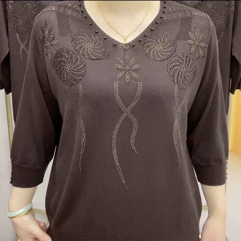 Áo Cánh Dáng Rộng Cho Nữ, Tay Lửng Áo, Áo Dệt Kim Thường Ngày Đồ Len Lụa Lạnh Áo Sơ Mi Kim Sa, Kim Cương Giả khoét Áo Cánh Áo Chui Đầu Lấp Lánh Thoải Mái