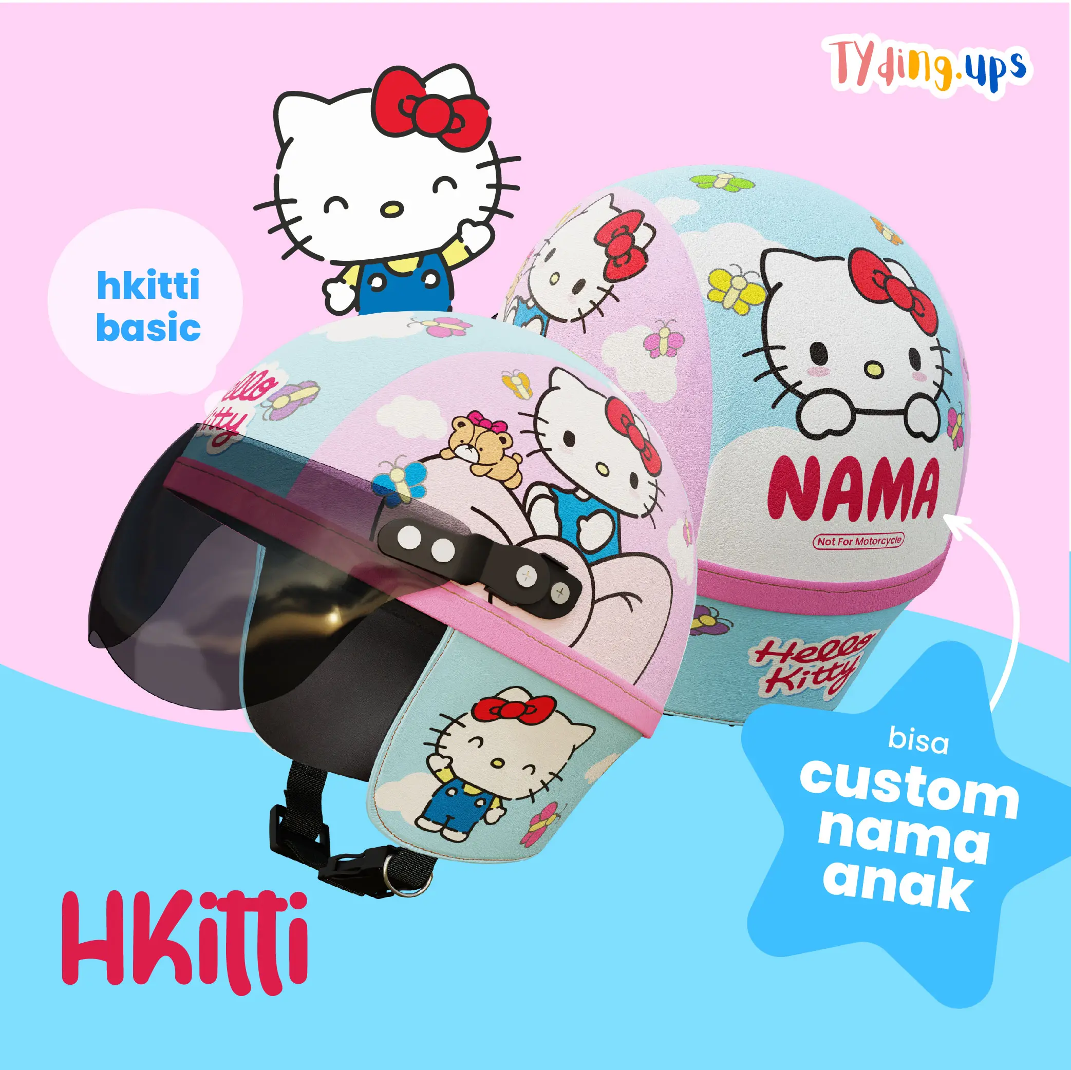 HELM RETRO CHIP ANAK CUSTOM NAMA KARAKTER HKITTY UNTUK USIA 1 2 3 4 5 TAHUN LUCU