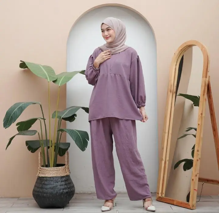 setelan fida one set cringkle airflow Muslim Wanita Crinkle Baju Atasan Celana Dewasa Panjang Remaja Kulot Casual Oversize 5