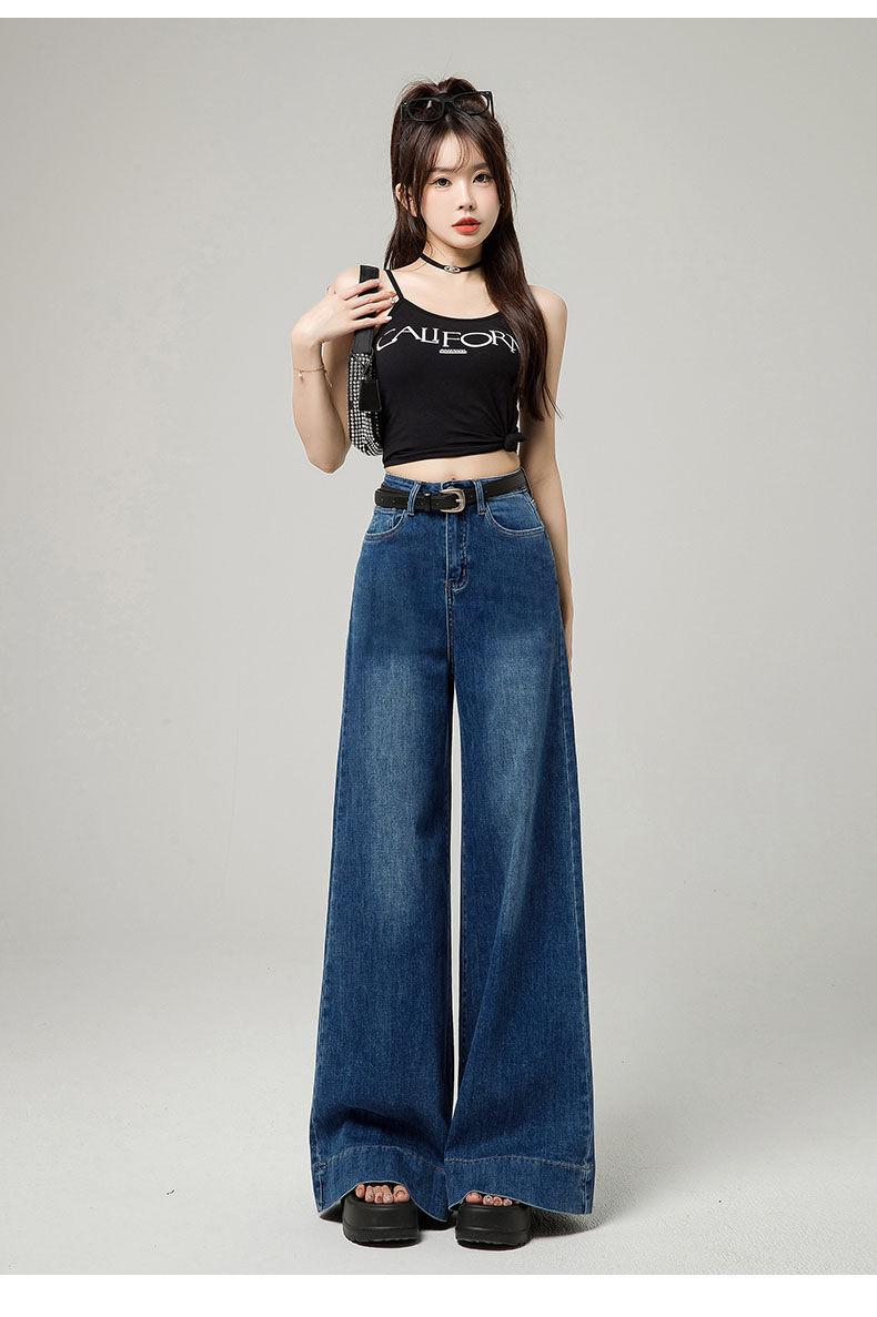 Product Introduction of Quần Jean Xanh Cổ Điển Co Giãn, Dáng Ôm Và Cao, Phong Cách Đi Lại, Hàng Mới Về Mùa Xuân, Quần Ống Rộng, Quần Sàn Xếp Nếp, Dành Cho Nữ 3