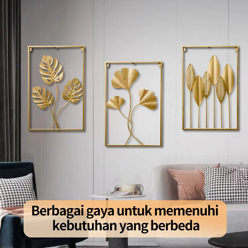 Dinding Besi Sofa Ruang Tamu Kreatif Modern Latar Belakang Dinding Wall Decor Hiasan Dinding Frame Metal Gold Daun Leaf Ginko Scandinavian Wall Decor Nordic Tanaman 5