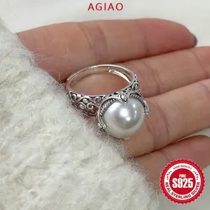 AGIAO Cincin Mutiara Berukir Kosong Untuk Wanita, Cincin Bulat Geometris Vintage Mewah