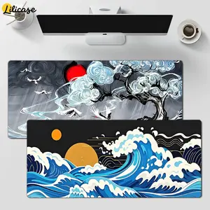 Mousepad Gaming Deskmat Keyboard Pad Anti Slip Besar Black Japanese Style Sea Sun Flying Crane Good Quality Lilipad