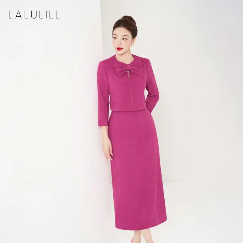 LALULILL Set nữ Áo vest dáng crop cổ nơ & Chân váy dáng suông dài nhung tăm hồng sen- LAK2438703 & LCV2442403 4