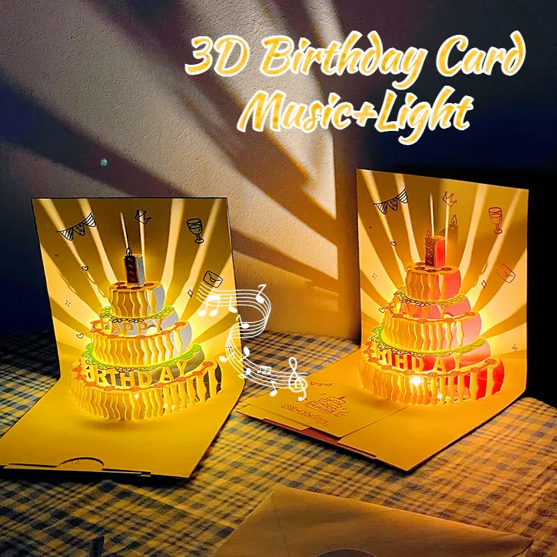 3D Cake Birthday Card with Music and Light Hand Engraved Blessing Card 3D Greeting Card Happy Birthday Card with Envelope Friends Gift birthday popup