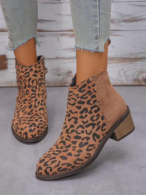 Fashion Leopard Print Zipper Back Boots, Casual Pointed Toe Boots for Daily Wear, Female All-match Shoes for Fall & Winter 3