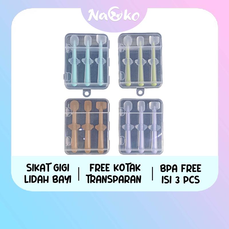 NAOKO Sikat Gigi Lidah Bayi Silikon 3in1 Food Grade GRATIS Kotak Case 1
