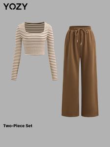 YOZY Two-Piece Set Women's Striped Print Crop Top & Wide Leg Pants Set, Casual Square Neck Long Sleeve Top & High Waist Drawstring Waist Trousers for Spring & Fall, Women's Clothes for Daily Wear
