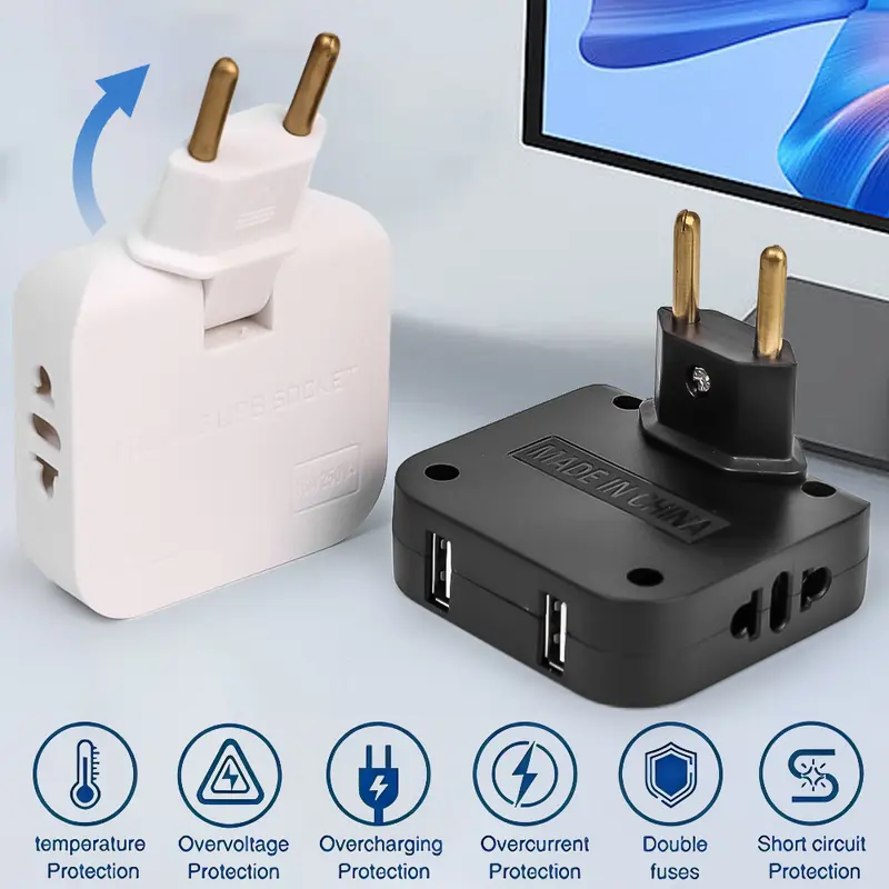 Bộ chuyển đổi ổ cắm phích cắm, Có Thể Xoay 180 độ, phích cắm EU, 4 cổng, Bộ Chuyển Đổi du lịch Mỹ sang EU, với 2 cổng USB, Ổ cắm điện, Ổ cắm AC 0