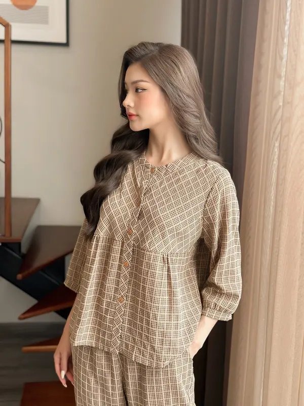 Bộ quần áo kẻ caro - K2511,pijama nữ đồ mặc nhà Lila dáng babydoll cổ tàu chất thô cotton, mềm mịn,thoáng mát 4