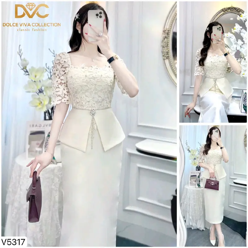 V5317 Đầm Ren Thiết Kế Đính Tag Đá Sang Trọng Mặc Đi Tiệc Đi Làm DVC 7