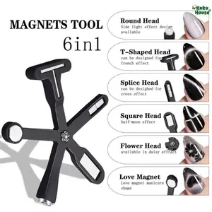 Magnet Star 6 in 1 cross magnet multifunctional cat's eye six-in-one new style powerful magnet cylindrical nail tool Black Metal