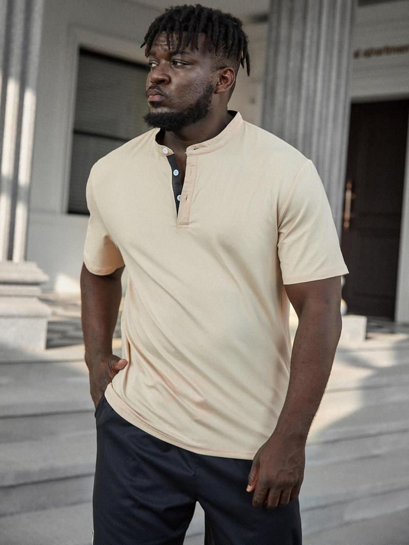 Product Introduction of Men's Plus Size Solid Half Button Mock Neck Polo Shirt, Summer Clothes, Regular Fit Short Sleeve Button Front Top for Daily Outdoor Wear, Fashion Casual Men Plus Size Clothing for Summer 9