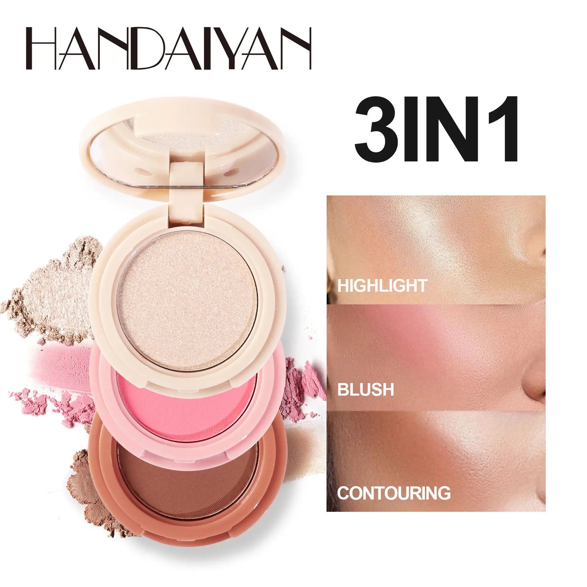 Cross-Border Three-Color Contour Compact Handaiyan Highlight Brightening Blush Eye Shadow Long Lasting Waterproof Three-in-One Contour Compact