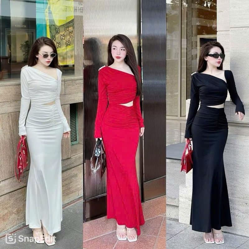 Váy Body Nữ Dáng Dài KANOMY D162, Đầm Body Nữ Khoét Eo Trễ Vai Thiết Kế Gợi Cảm Women Dress Đen 1