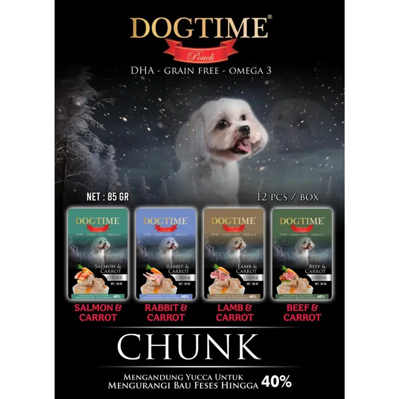 DOGTIME NEW Pouch 85 GR Dog Time Wet Food Makanan Anjing Basah Sachet Chunk Suwir Shredded Meat Beef Lamb Rabbit Salmon Chicken Carrot DHA Grain Free Omega 3 2