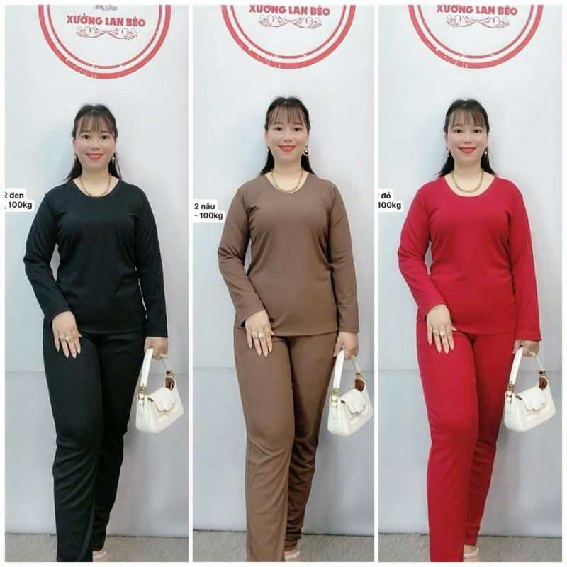 Mã 2  Đồ bộ tay dài cổ tròn Hàn Quốc co giãn bốn chiều không nhăn không nhàu không ra màu không xù lông - Size 45kg đến 100kg - Nữ, Women xl đội hình màu tím nhạt Thun