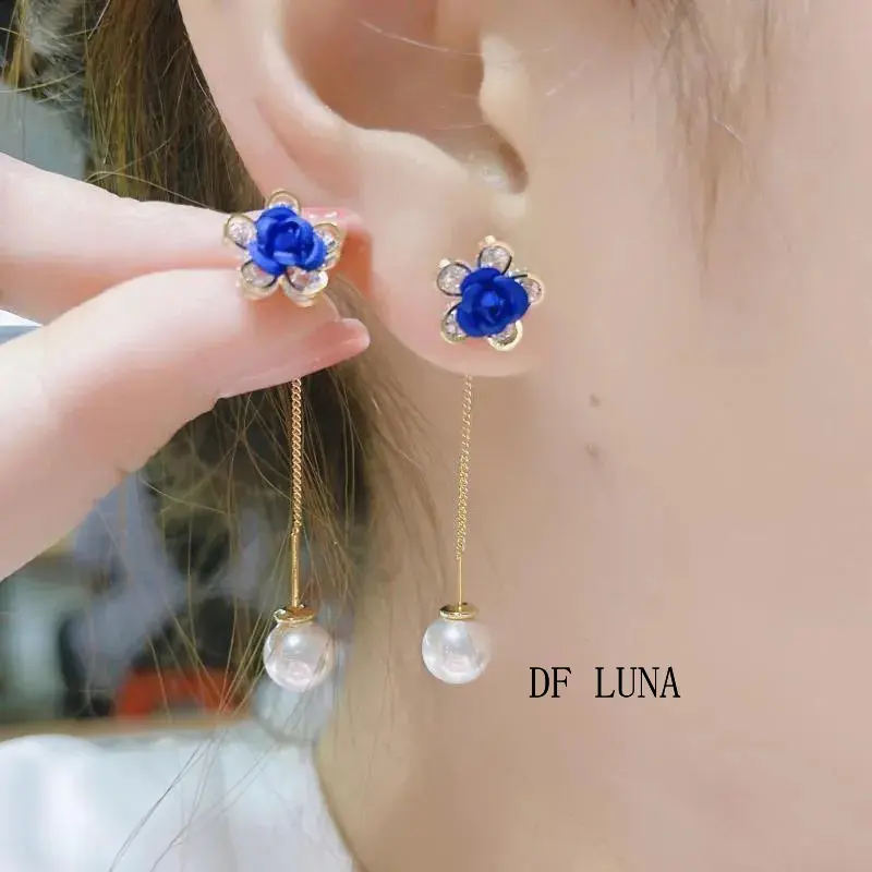 Blue Rose Earrings, Plain Earrings, Blue Rose Tassel Hanging Earrings, High-Grade Earrings, Exquisite Elegant, New Fashion All-Matching Female Earrings