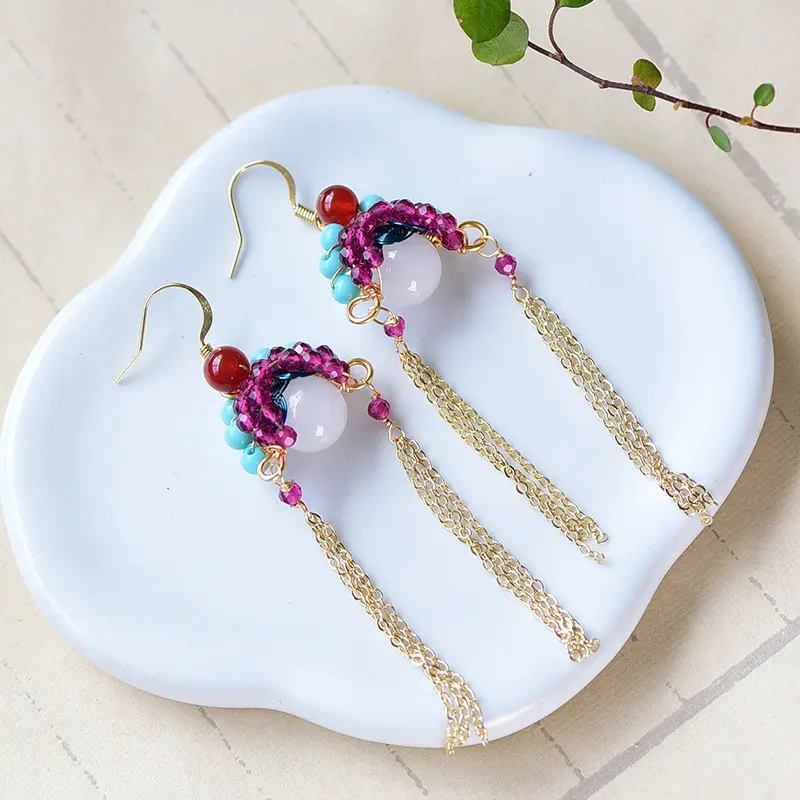 Bông Tai Mặt Nạ Opera Dây Cuộn Thủ Công Dát Vàng 14K, Móc Tai Thắt Lưng Dài, Dành Cho Nữ, Phong Cách Dân Tộc, Chính Hãng