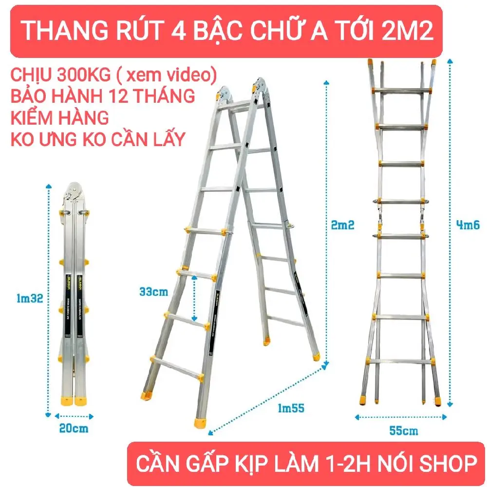 Thang rút lồng 4 bậc chữ A 2m2 chữ I 4m4, Tải trọng 300Kg, Bảo hành 12 tháng Chuyên dùng điện lạnh công trình ( bán chạy)