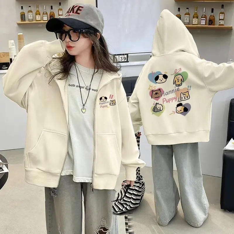 Áo Cardigan Có Mũ Trùm Đầu, Cho Bé Gái, Áo Len Có Khóa Kéo, Thiết Kế Cún chó Con Hoạt Hình Sáng Tạo, Quần Áo Mùa Xuân, Thích Hợp Cho Trẻ Em Trung Bình Và Lớn, Lót Lông Cừu, Dày Dặn, Áo Khoác Học Sinh