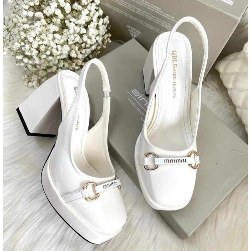 Giày Cao Gót Nữ Mũi Vuông Đế Vuông hoạ tiết cao 9 phân DéP Shoes