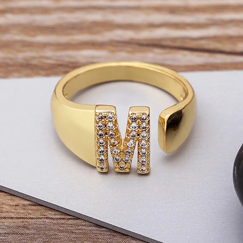 New Fashion A-Z Letter Gold Color Metal Adjustable Opening Ring Initials Name For Women Finger Rings Party Crystal Jewelry