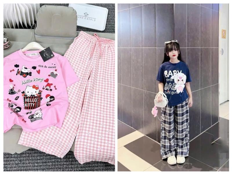 ( ComBô 2 Bộ ) Sét áo cộc tay quần ống xuông kẻ caro cho bé gái từ 9-42kg chất cotton su 8
