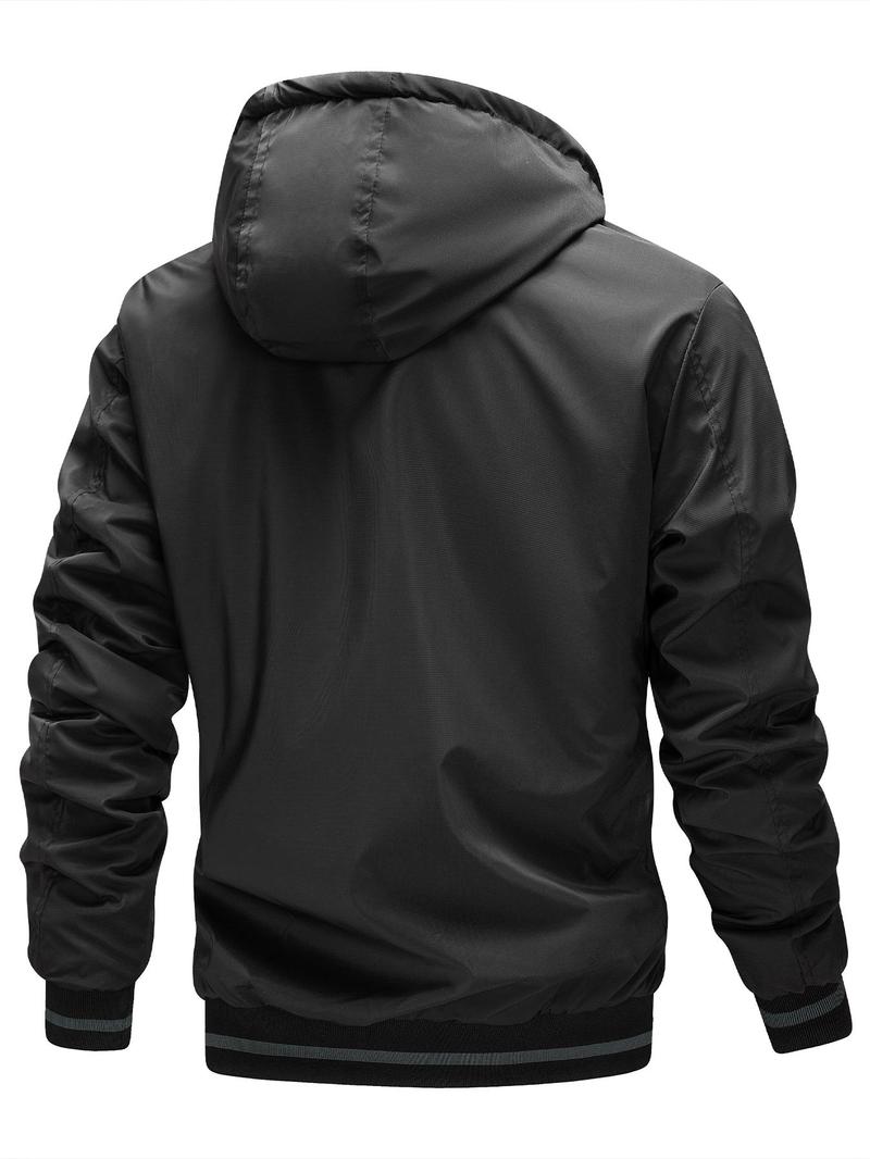 Product Introduction of Men's Solid Color Reversible Pocket Zipper Removable Hooded Jacket, Loose Casual Waterproof Windproof Drawstring Long Sleeve Outerwear for Fall & Winter, Men's Clothes for Daily Wear 2