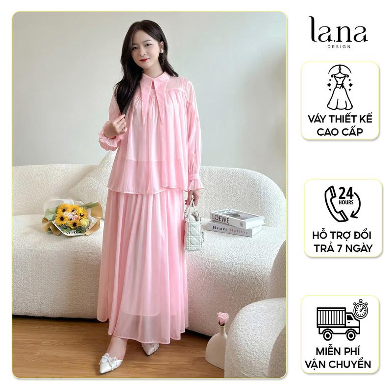 Set Áo váy Nữ bánh bèo thiết kế cao cấp La.Na phong cách tiểu thư dài tay cá tính màu hồng chất liệu tơ Hàn mềm cao cấp - SV212