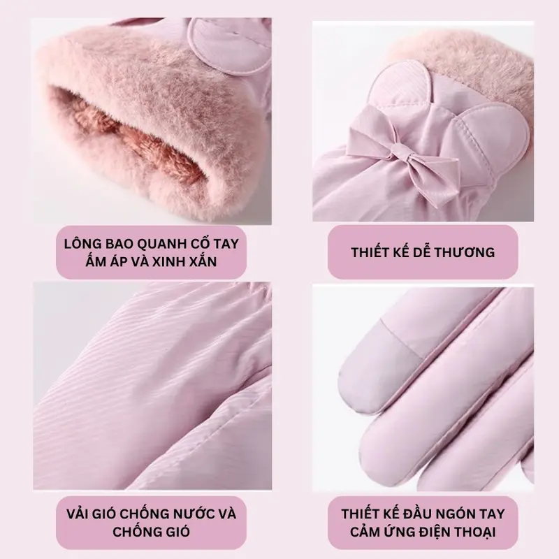 Găng tay nữ mùa đông lót lông cản gió, Găng tay vải chống nước giữ ấm gắn nơ thời trang SLEEPYCHIC 8