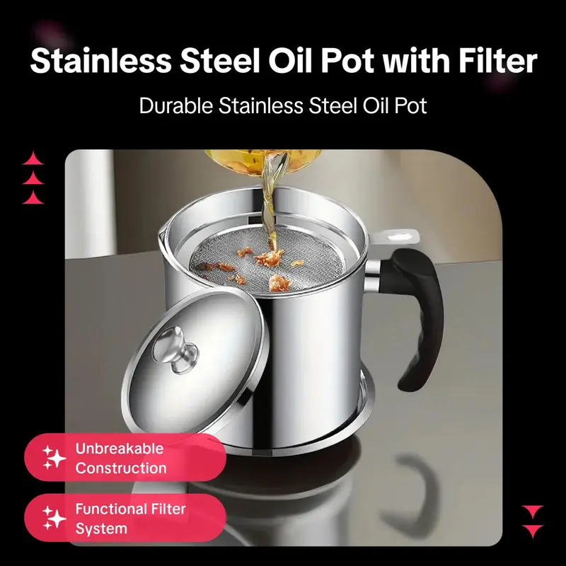 Stainless Steel Oil Pot with Filter, Kitchen Oil Dispenser with Tray & Lid, Bacon Grease Container, Cooking Oil Can, Home Kitchenware 1
