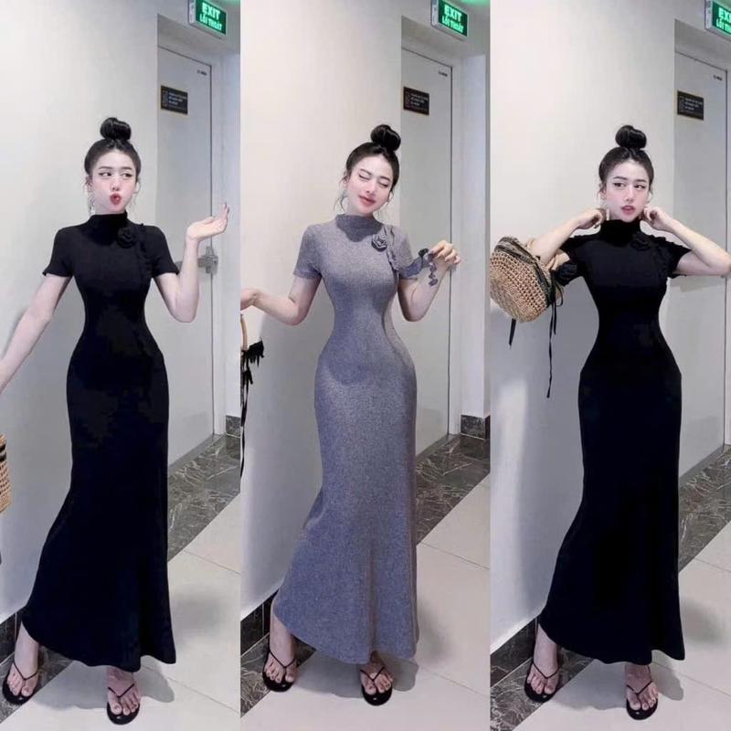 Đầm ôm body cổ cao tay ngắn dáng dài đính hoa vai thanh lịch - Thun gân lạnh H632 Váy boby , váy body nữ tôn dáng , váy xinh , váy đi tiệc , váy đi biển